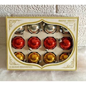 VINTAGE SHINY BRITE Red, Gold & Silver Glass Holiday Ornaments - 12 Pack